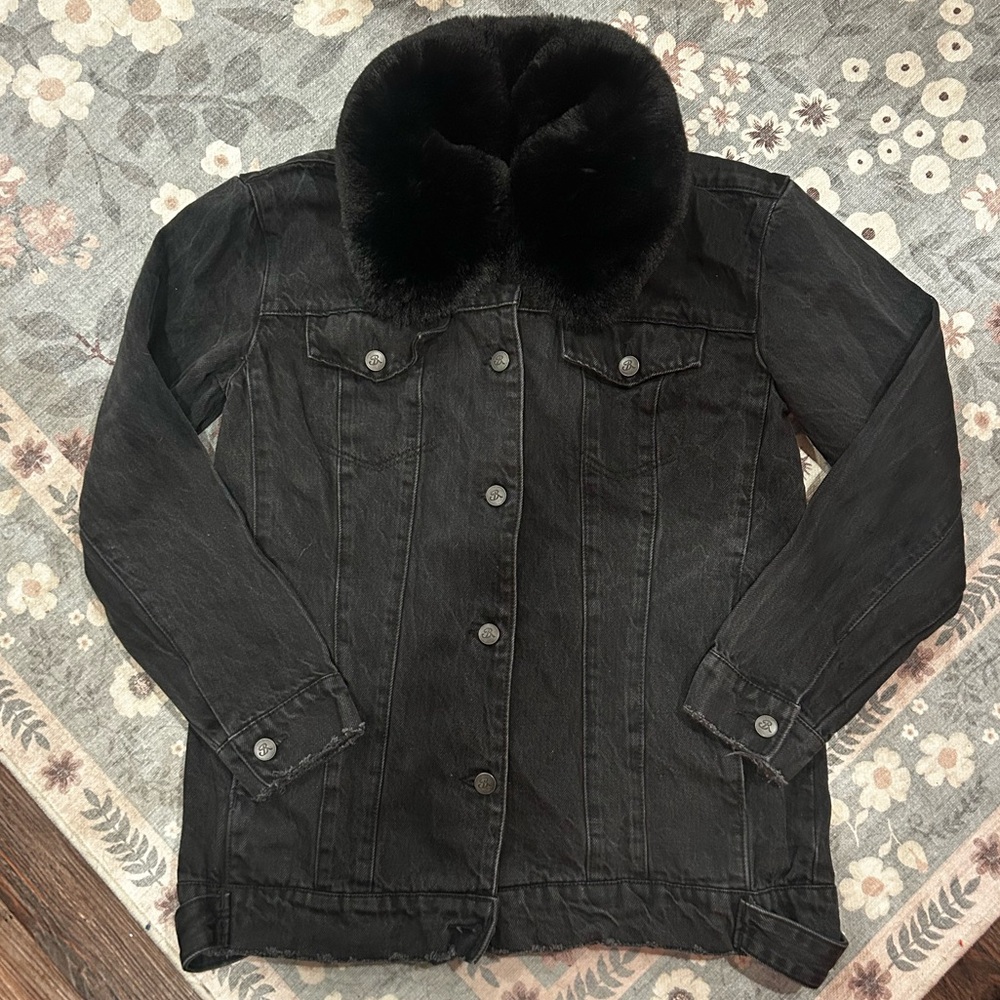 Black Denim Jacket with Faux Fur Collar